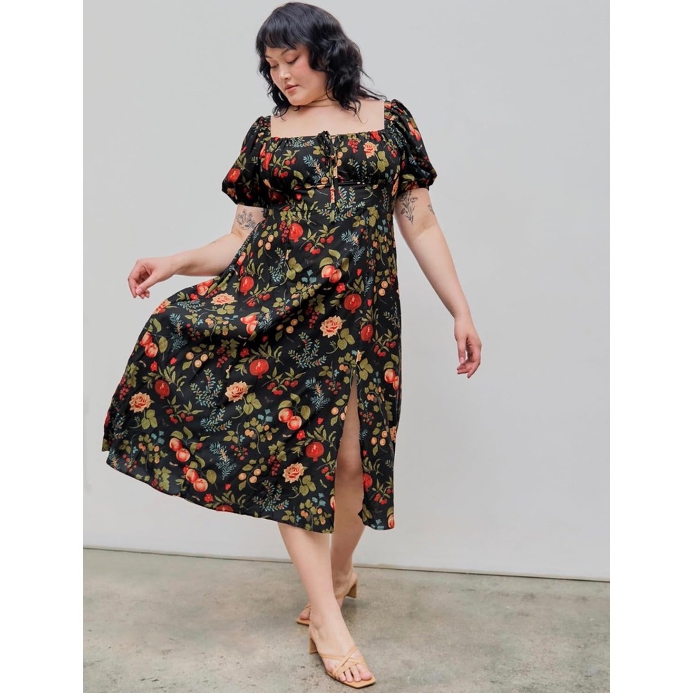 Milkmaid Cottagecore Peasant Apples & Roses Midi Dress Floral Cider Plus Size 2x